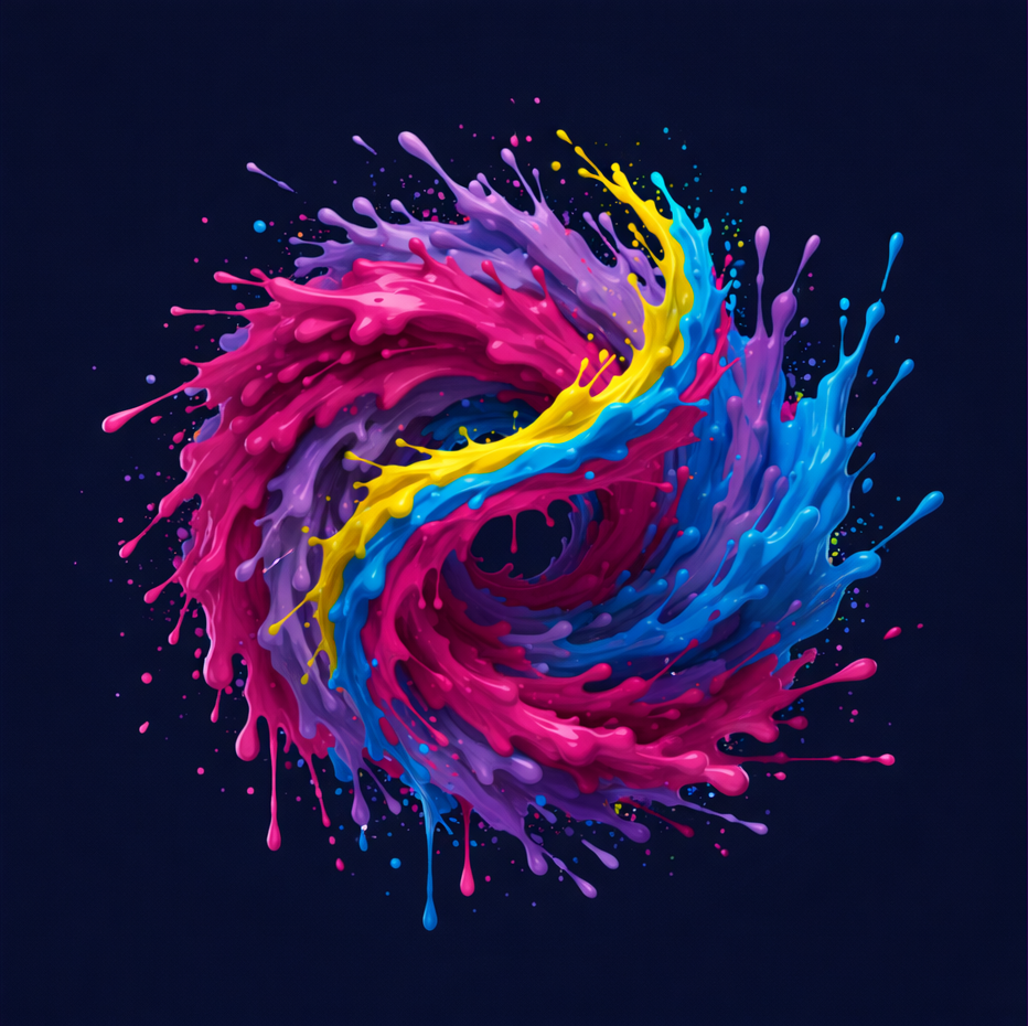 A dynamic, abstract 3D splash of thick liquid paint swirling in a circular motion. The colors include vibrant magenta, cyan, bright yellow, and deep purple, blending and splattering against a solid dark navy background to create a sense of fluid energy.