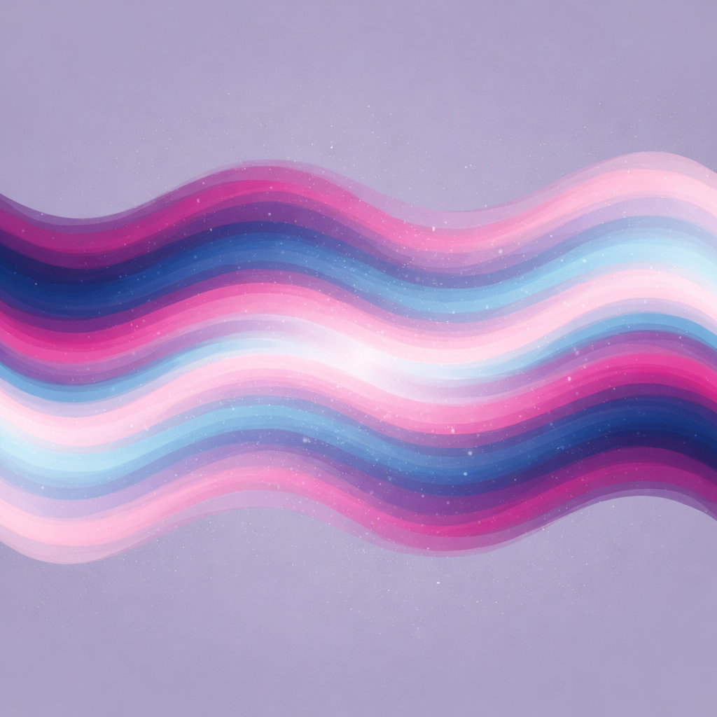 Abstract glowing waves in a soft, ethereal style, incorporating the pink, white, and blue tones of the transgender pride flag with deep purple accents.