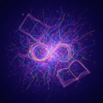 Luminous neon line art of an infinity symbol and open books surrounded by a burst of colorful fiber-optic strands in bisexual and pansexual pride colors on a dark background.
