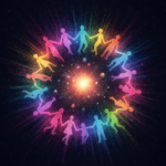 A vibrant circle of diverse human silhouettes holding hands against a cosmic, dark background. Each figure is filled with glowing, multi-colored light, radiating outward like a nebula to symbolize LGBTQ+ community and connection.