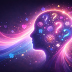 Abstract illustration of intersecting, luminous shapes and symbols in pink, purple, and blue tones, suggesting overlapping identities, curiosity, and self-discovery against a dark, flowing background.