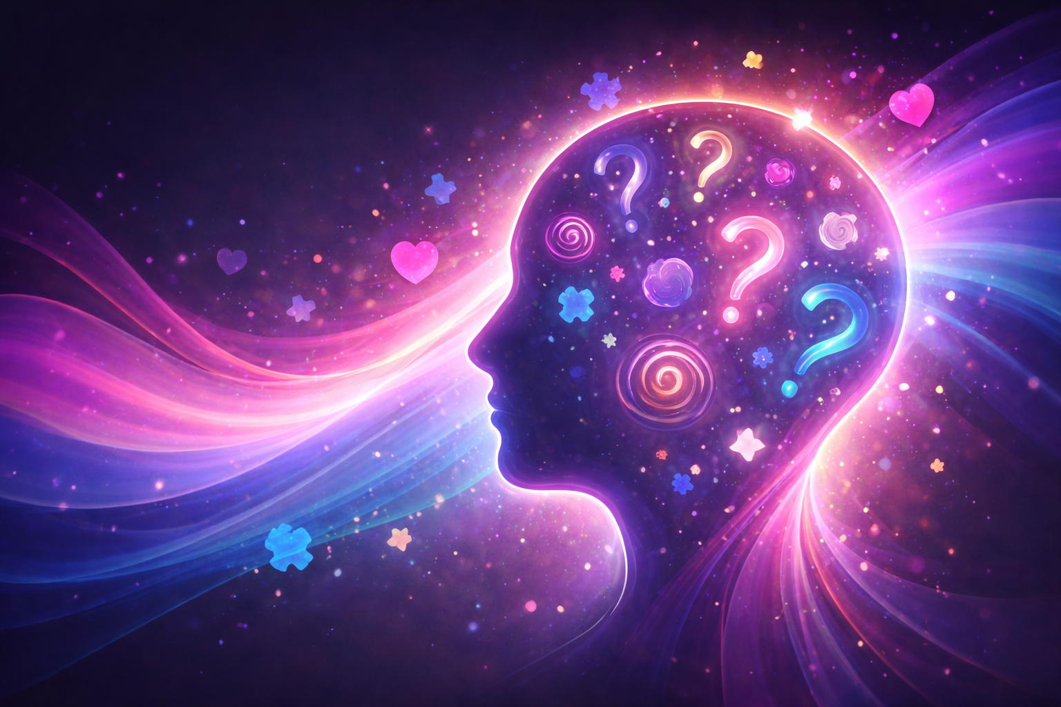 Abstract illustration of intersecting, luminous shapes and symbols in pink, purple, and blue tones, suggesting overlapping identities, curiosity, and self-discovery against a dark, flowing background.