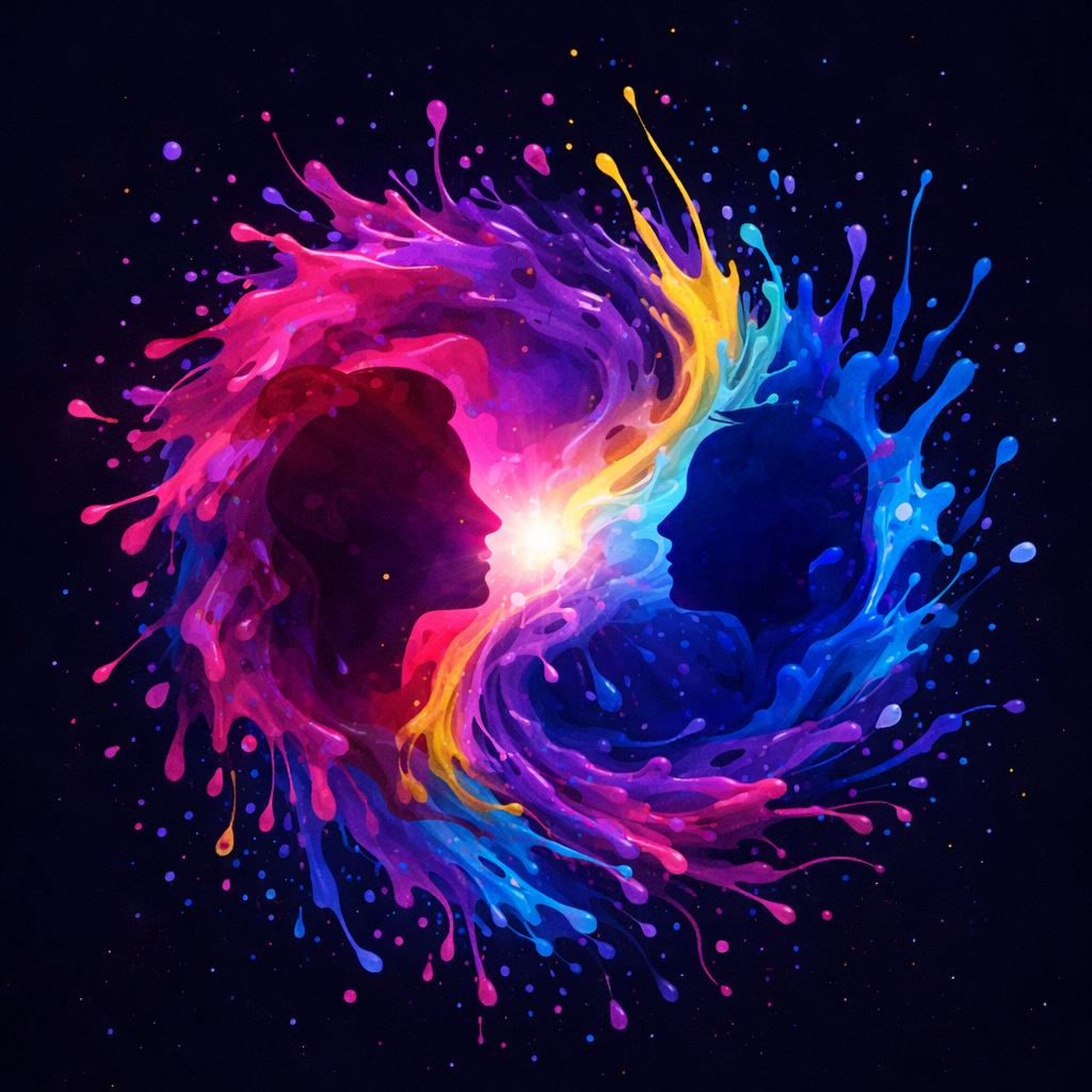 Abstract digital illustration featuring swirling waves of pink, purple, and blue merging around a bright central glow, symbolizing the fluidity and overlap of bisexual identity.