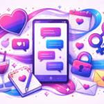 A colorful, abstract illustration centered on a smartphone showing chat bubbles in pink, purple, and blue. Surrounding it are symbolic objects—hearts, a calendar, envelopes, a lock, gender symbols, a notebook, and a cocktail glass—connected by flowing ribbons in bisexual pride colors, representing communication, boundaries, and dating conversations without depicting people.