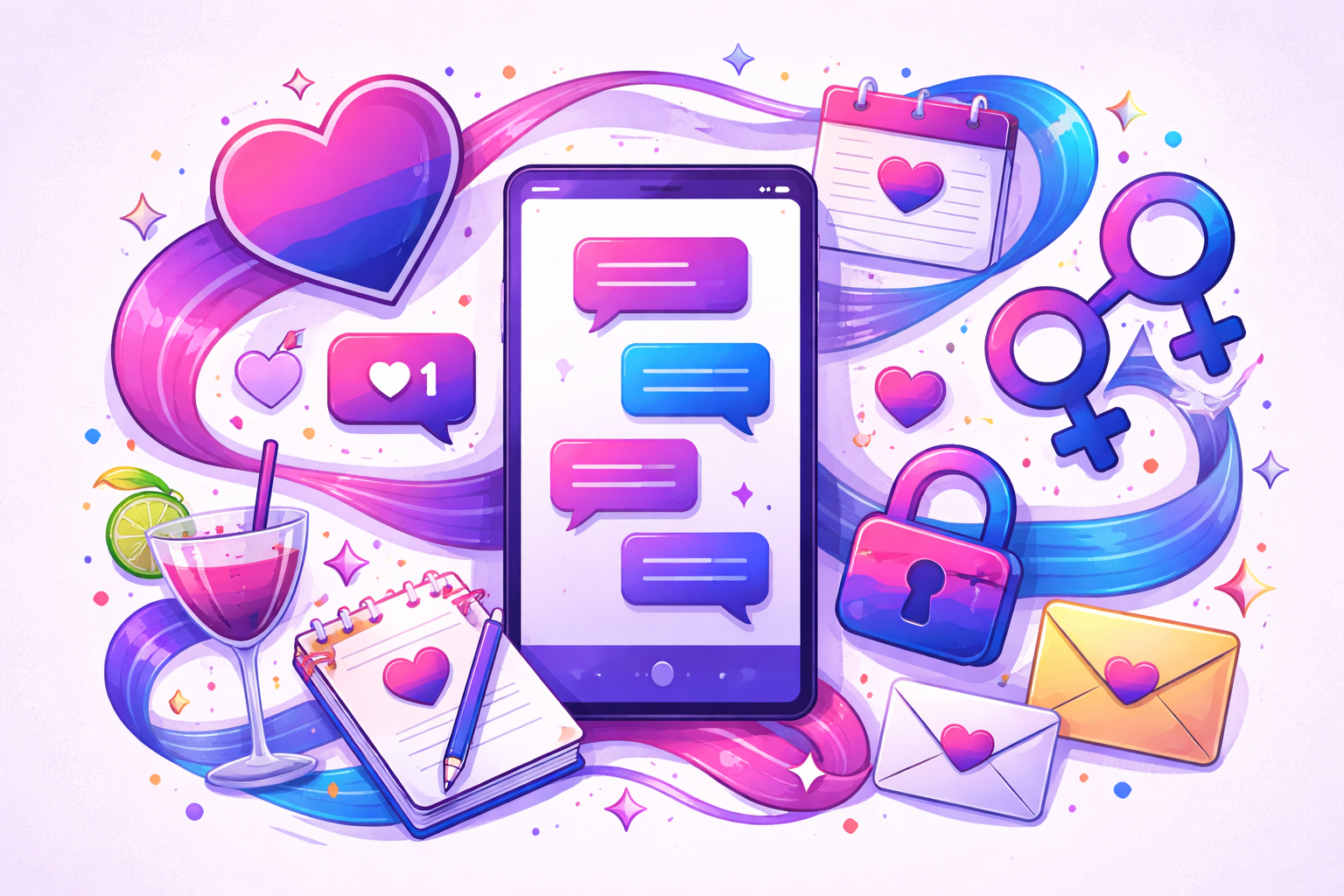 A colorful, abstract illustration centered on a smartphone showing chat bubbles in pink, purple, and blue. Surrounding it are symbolic objects—hearts, a calendar, envelopes, a lock, gender symbols, a notebook, and a cocktail glass—connected by flowing ribbons in bisexual pride colors, representing communication, boundaries, and dating conversations without depicting people.