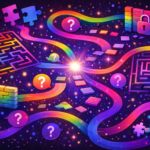 Abstract illustration of winding paths in queer and bisexual flag colors, moving through maze-like shapes, barriers, and puzzle pieces toward a glowing center.