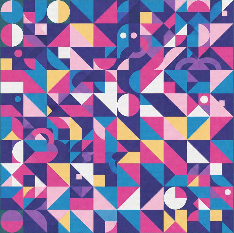 A complex geometric mosaic of triangles and circles in a Bauhaus style, using a vibrant palette of magenta, cyan, yellow, and royal blue to represent diverse relationship structures.