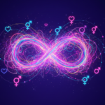 A vibrant, neon-style glowing infinity symbol made of interwoven pink, purple, and blue light strands, surrounded by floating heart and gender symbols (masculine, feminine, and non-binary) on a dark blue background.