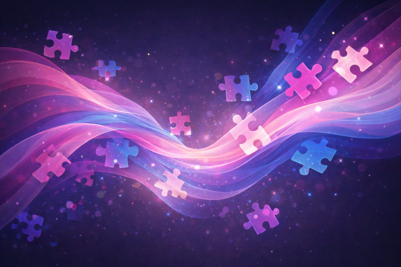 Abstract illustration of flowing ribbons in pink, purple, and blue interwoven with floating puzzle pieces against a dark background, symbolizing the overlap of sexuality, gender, and identity exploration.