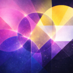 Abstract geometric illustration with overlapping circles and translucent shapes in pink, purple, blue, yellow, white, and black, blending smoothly to represent the overlap between gender identity and sexuality.