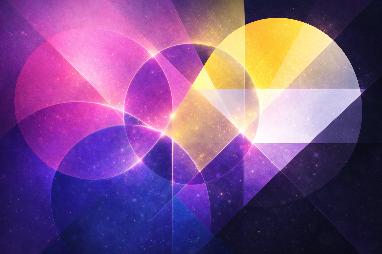 Abstract geometric illustration with overlapping circles and translucent shapes in pink, purple, blue, yellow, white, and black, blending smoothly to represent the overlap between gender identity and sexuality.