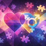 Abstract illustration of layered geometric shapes and flowing color bands in pink, purple, blue, and yellow, suggesting movement, overlap, and fluidity without defined figures.