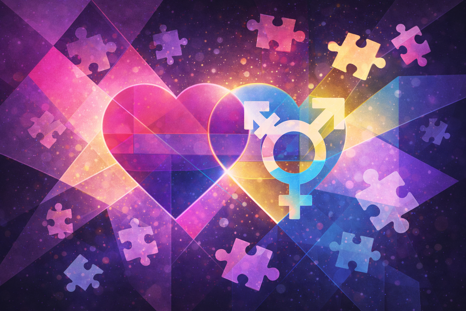 Abstract illustration of layered geometric shapes and flowing color bands in pink, purple, blue, and yellow, suggesting movement, overlap, and fluidity without defined figures.